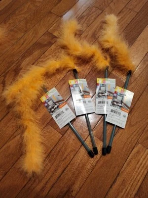 KITTY CITY 4-Pack Fuzzy Wand Interactive Cat Wand Toy Play Furry Feather - Yellow or Orange