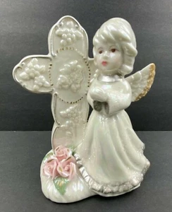 Praying Angel With Cross Figurine Porcelain Pink Flowers 4.75" Religious  - Picture 1 of 10