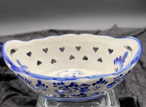 Vtg. Delft Blue Oval Trinket Dish/Berry Bowl, Windmill Scene, Reticulated Hearts - Picture 1 of 9