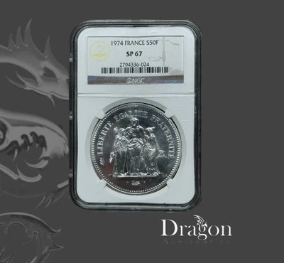 Raro Francia 50 Francos Essai Hércules 1974 Plata NGC SP67 - Oferta justa Foto 1 de 4