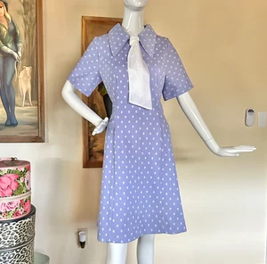 Vintage 60s/70s MOD Purple Polka-dot Collared Necktie Day Dress Volup XL - Picture 1 of 12