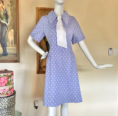 Vintage 60s/70s MOD Purple Polka-dot Collared Necktie Day Dress Volup XL - Image 1 of 4