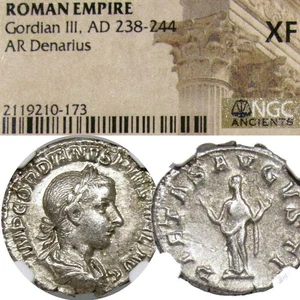 GORDIANO III / Pietas. NGC XF. RARA moneta in argento RIC Impero Romano Denario - Foto 1 di 11