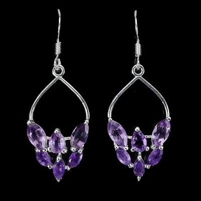 925 Orecchini Argento Sterling Marquise Ametista 8x4mm Naturale Gemma Gioielli - Immagine 1 di 4