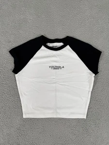 Camisa Youngla para mujer XS negra blanca camiseta corta MMXIV atlética ajustada raglán - Imagen 1 de 7