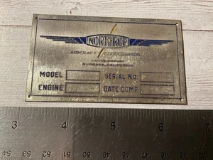 PLACA DE IDENTIFICACIÓN ORIGINAL VINTAGE NORTHROP AERONAVE CORP BURBANK CA DATOS DE FÁBRICA ESPECIFICACIONES - Imagen 1 de 3