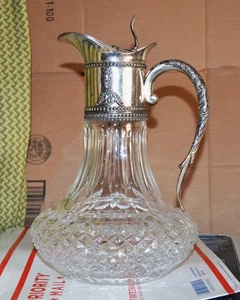 VTG Crystal Wine Pitcher / Carafe With Silver Plate Handle & Spout - Picture 1 of 9