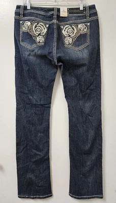 LA Idol Women Bootcut Jeans Stretch Crystal Rose  Pocket Dark Blue Size 15 - Image 1 of 4