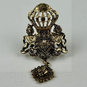 Vintage ART Signed Royal Crest Ring Pin Brooch Fleur-De-Lis Drop Gold Tone - Picture 1 of 5