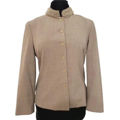 Kenar Blazer 人造毛皮领纽扣前衬里西装夹克 职业尺寸 10 灰褐色 — 第 1/4 张图片