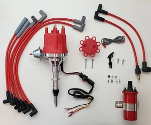 Small Cap CHEVY INLINE 6 230 250 292 HEI Distributor + 45K COIL + RED 8MM Wires - Foto 1 di 3
