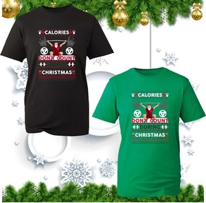 Camiseta Calorías No Cuentan Durante Navidad Gimnasio Santa Navidad Levantamiento de Pesas Top - Imagen 1 de 4