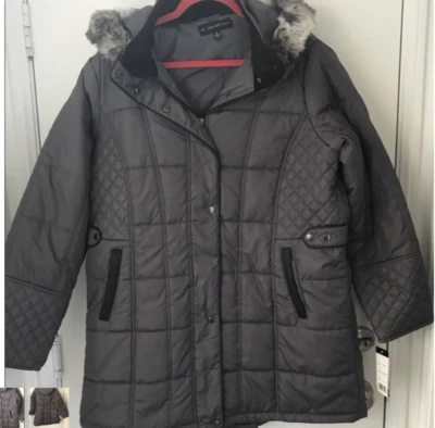 KC Collections Puffy Jacket Coat Removable Hood Sz 1X Gray  NWT - Image 1 of 3