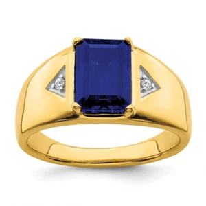 14K Solid Yellow Gold Emerald-Cut Lab Blue Sapphire Diamond Mens Ring - Picture 1 of 77