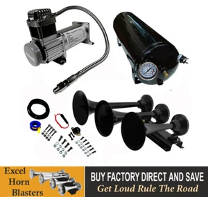 Loud 152dB LOW-PITCH, 3-TRUMPET-AIR-HORN-KIT +1.5GL-TANK / 150PSI AIR-COMPRESSOR - Picture 1 of 9