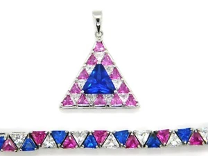 Designer 925 Sterling Silver Pink Clear Blue Triangle Tennis Bracelet OR Pendant - Picture 1 of 14