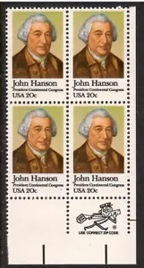 US # 1941 , John Hanson , VF OG NH L/R Zip Block of 4 - I Combine S/H - Picture 1 of 1