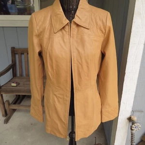 D&Co Women's Leather Jacket Size S Caramel Full Zip Classic Collar Denim & Co. - Picture 1 of 13