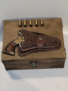 Resin, Metal & Wood Ornate Box with revolver accent on top of box - Picture 1 of 9