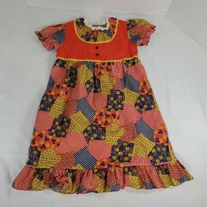 70er Jahre Mädchen Patchwork Kleid Rot Gelb Blau Ric Rac Ösen Rüschen Cottage Core - Bild 1 von 12