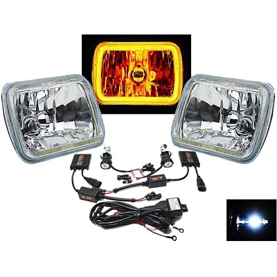 7X6" Amber COB LED Halo Headlight 6k HID Light Bulb Glass Headlamp Pair - Image 1 of 4