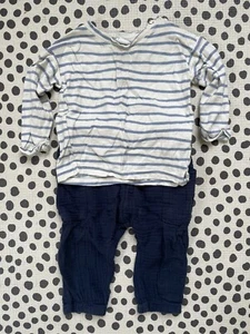 H&M 6-9 Month Blue White Striped Muslin Baby Boy Outfit - Picture 1 of 2