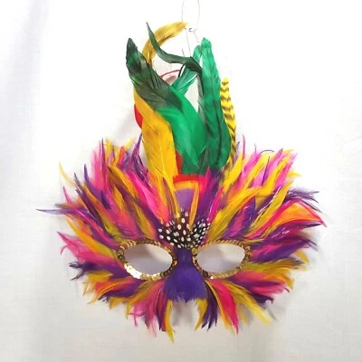 Masquerade Feather Eye Mask Mardi Gras Halloween Party Pink Purple Yellow - Image 1 of 4