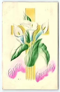 1909 EASTER GREETINGS VERY HEAVY EMBOSSED CROSS LILLY MEADOW SD POSTCARD P3253 - Picture 1 of 2