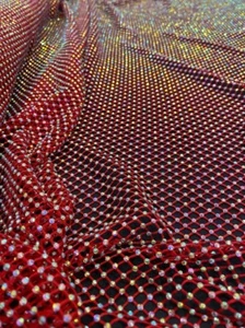 Rhinestone on red Mesh Shiny Stretch Crystal Fabric Rainbow Rhinestone Stretch - Picture 1 of 1