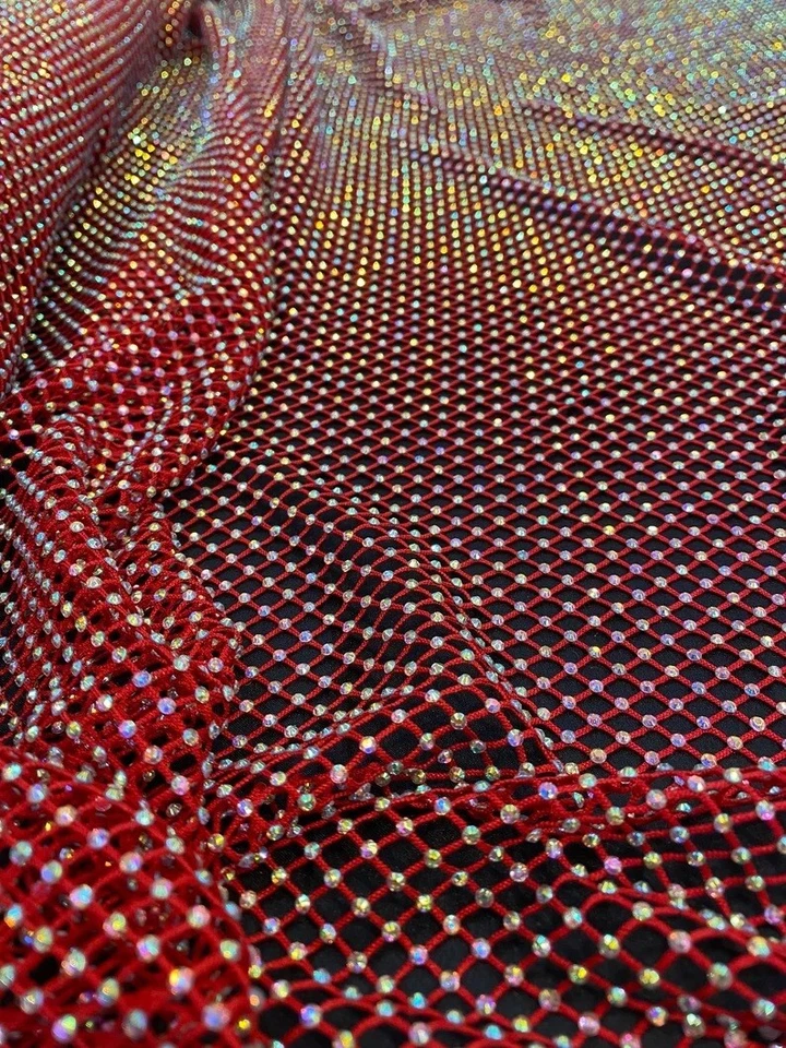Rhinestone on red Mesh Shiny Stretch Crystal Fabric Rainbow Rhinestone Stretch - Image 1 of 1