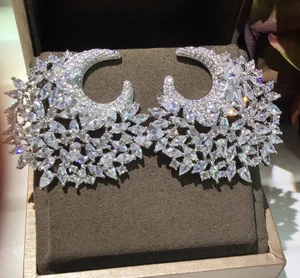 18k White Gold Plated Marquise Simulated Diamond Hoop Earrings Bridal Jewelry - Picture 1 of 13