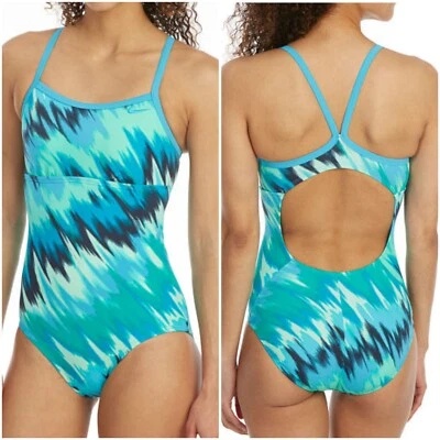 NIKE MUJER ESTAMPADO INMISCIBLE ESPALDA DEPORTIVA TRAJE DE BAÑO DE UNA PIEZA AZUL FURIA Talla M Foto 1 de 4