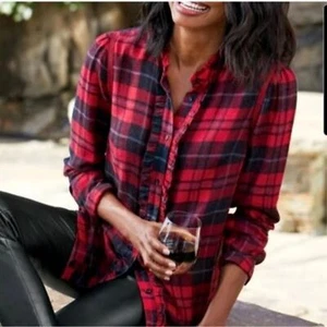 Weiche Umrandung Triana rot kariert Button-Down-Top gebürstet Flanell Rüsche groß - Bild 1 von 8