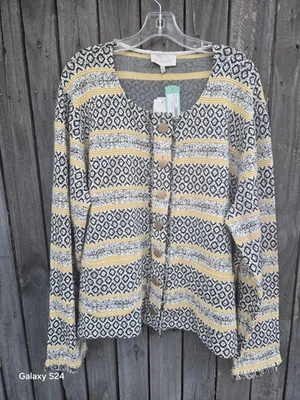 Skies Are Blue Patterned Cardigan with Yellow and Black  Stripes Size 3x NWT - Image 1 of 4