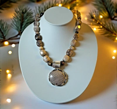 NEW Jay King DTR 925 Sterling Silver Gray Jasper Pendant Beaded Necklace - Image 1 of 4