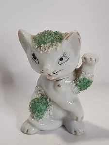 Vintage MCM Popcorn Kätzchen Zucker Katze Figur weiß grün gold Japan *LESEN (T157 - Bild 1 von 7