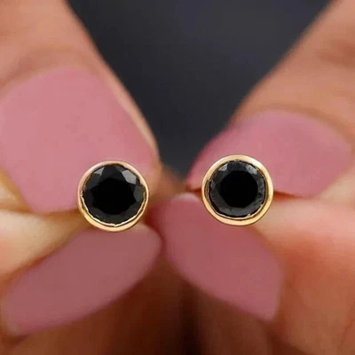 4CT Round Lab Created Black Diamond Bezel Set Stud Earrings 14K Yellow Gold Over - Image 1 of 4