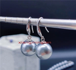 Top 18K GOLD 11-12MM NATURAL round real SOUTH SEA gray PEARL Dangle EARRINGS - Picture 1 of 5