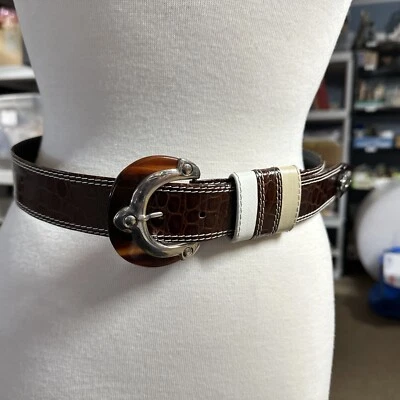 Cinturón Y2K Vintage Elle Bijou Vienna Marrón Cuero Hebilla Tortuga Plateado Imitación 34 Foto 1 de 4