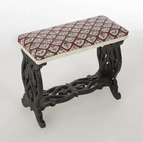 Antique Victorian Black Forest Style Carved Footstool Bench w Branches & Leaves Cover
