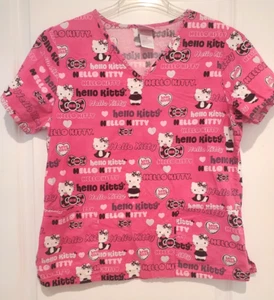 Hello Kitty Pink Scrub Top Size Medium Spellout and Images Of Hello Kitty - Picture 1 of 8