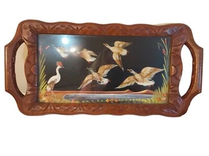 Vintage Mexican Feather Craft Wooden Tray Wall Mount Ducks & Heron - Picture 1 of 9