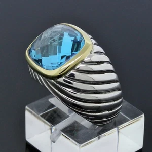 David Yurman Sterling Silver 18k Gold Blue Topaz East West Waverly Ring Size 6 - Picture 1 of 4