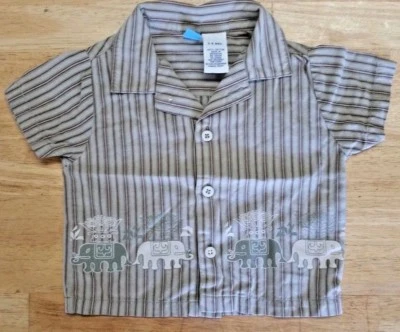 Baby Gymboree tan stripe button up boy shirt with elephants size 3-6 mo perfect - Image 1 of 4