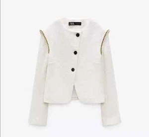 NWT Zara Pronounced Shoulder Textured XTRA LARGE Jacket Ecru Cream BLAZER XL - Picture 1 of 5