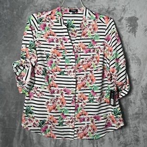 🆕Elementz Women's White Floral Blouse Size 1X  Black Stripes Roll Up Sleeve - Picture 1 of 8