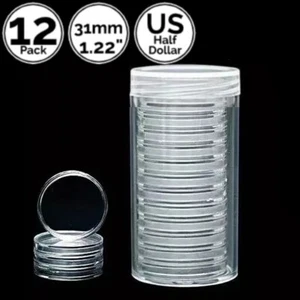 12 Pack 1.22 31 mm Coin Capsule Holders w/ Tube Fit 4 US Half Dollar - Picture 1 of 3