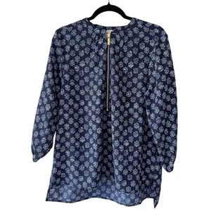MICHAEL Michael Kors Gold Front Zip Blue White Floral Top Womens 14 - Picture 1 of 6