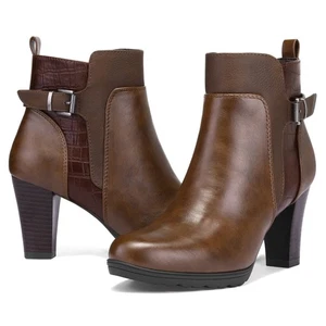 Women's Zipper Booties Chunky Stacked Heel Ankle Boots Buckle Strap Ankle - Picture 1 of 7
