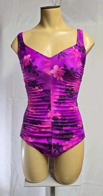 Vintage Maxine of Hollywood Swimsuit Sz 12 Purple Floral Ruched  Slimming  - Image 1 of 4